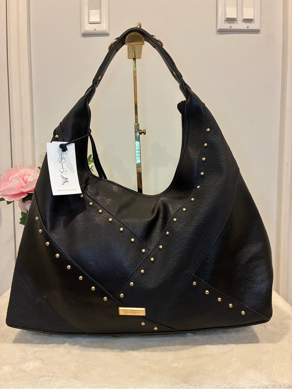 Jessica Simpson Taylor Hobo Bag Black Studded Faux Leather NWT JS250010